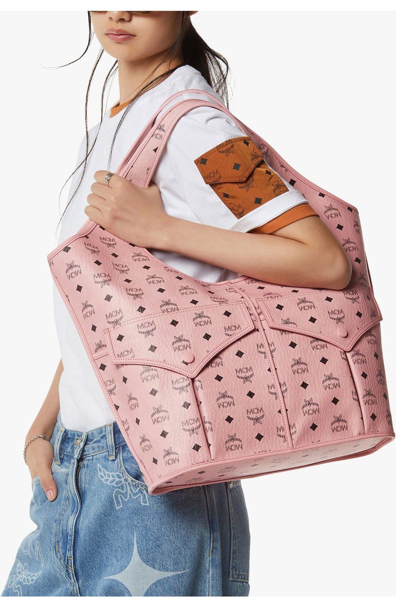 MCM Leni Shopper in Visetos, Alternate, color, Soft Pink