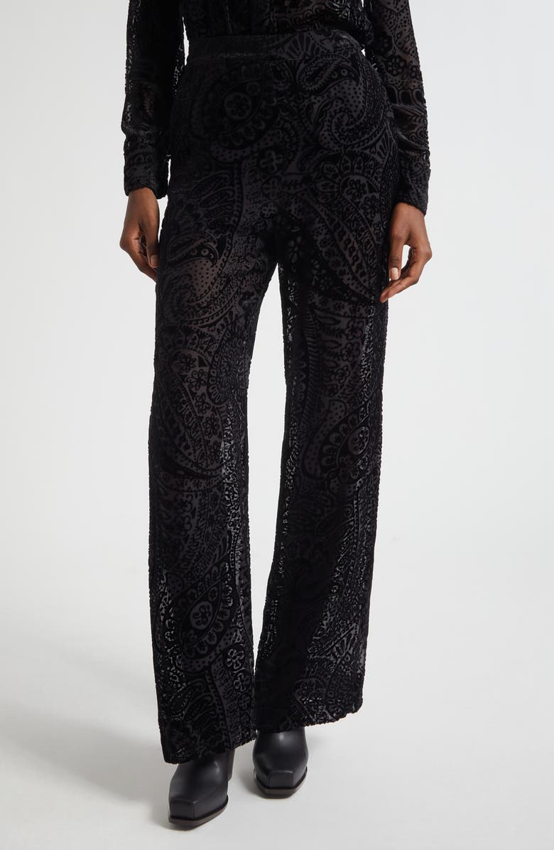 Etro Paisley Devoré Velvet Straight Leg Pants, Main, color, Printed Black Base