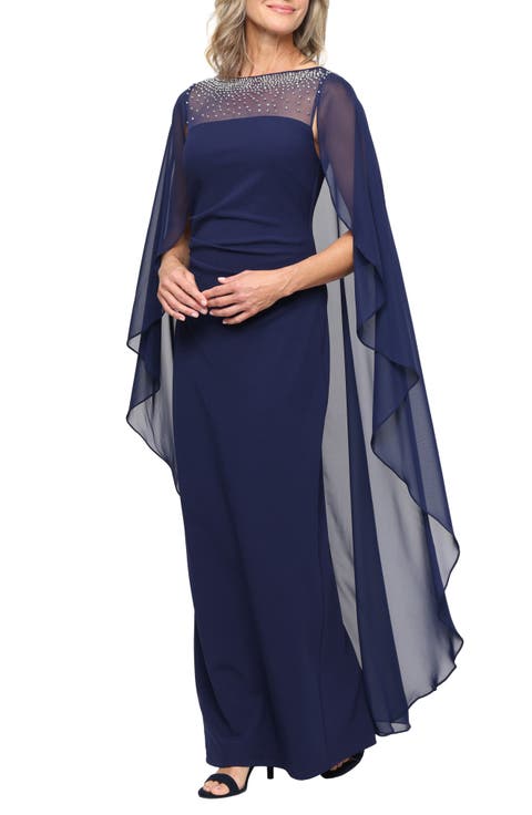 Stretch Crepe & Chiffon Cape Gown