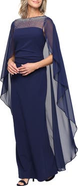 Alex Evenings Stretch Crepe & Chiffon Cape Gown