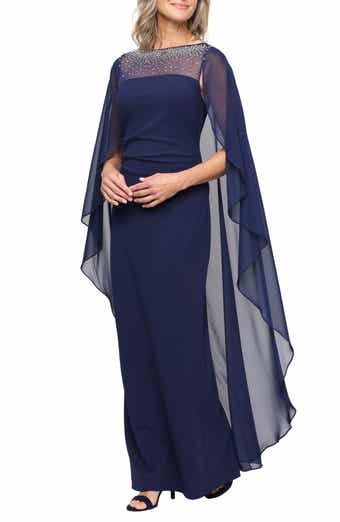 Stretch Crepe & Chiffon Cape Gown