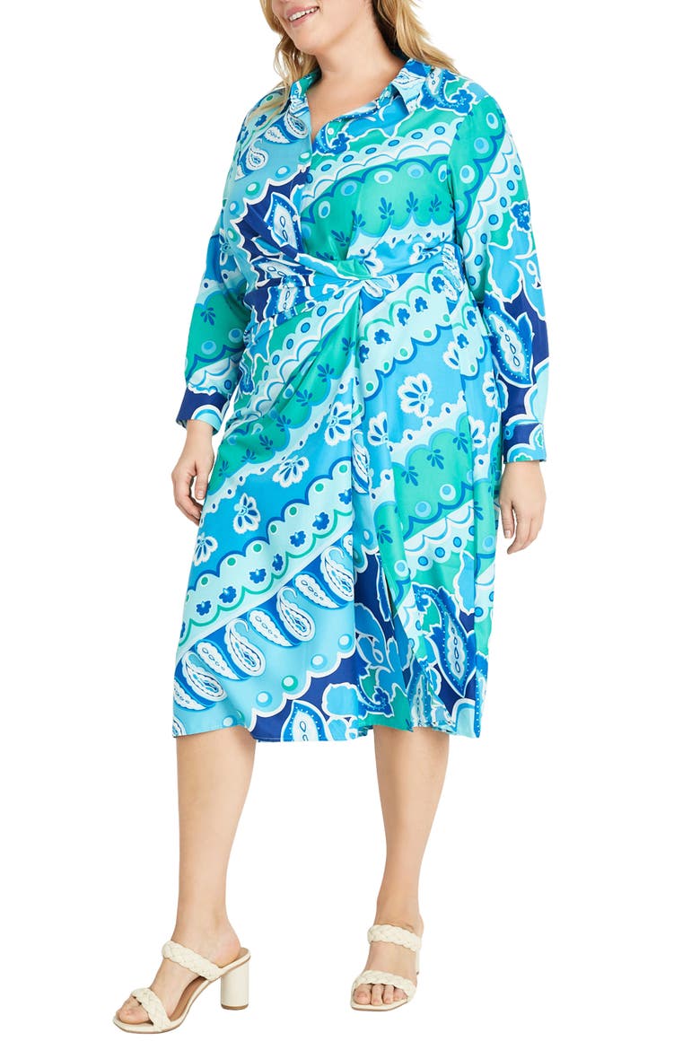 Long Sleeve Twisted Waist Midi Shirtdress, Alternate, color, SKY BLUE/ HAWAIN BLUE