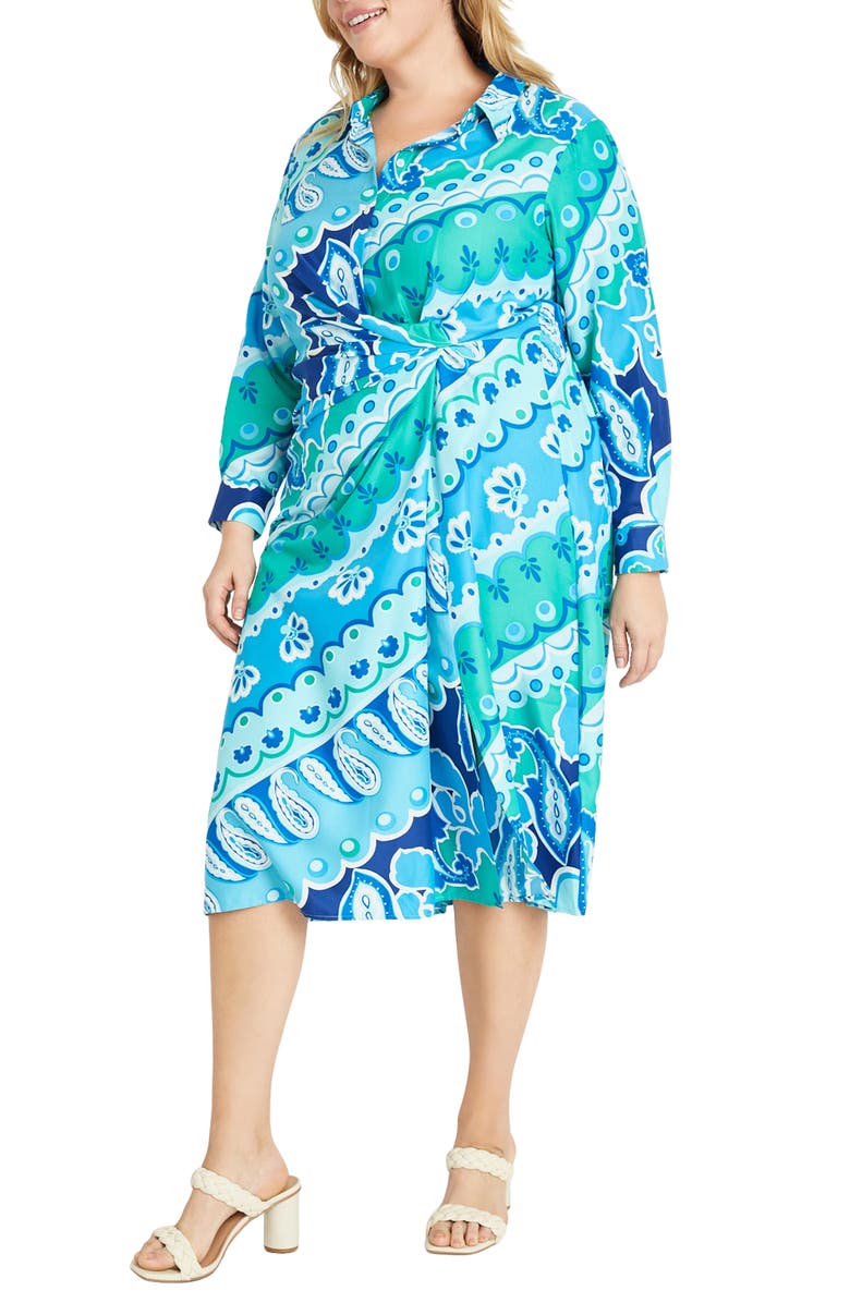 Donna Morgan Long Sleeve Twisted Waist Midi Shirtdress, Alternate, color, Sky Blue/ Hawain Blue