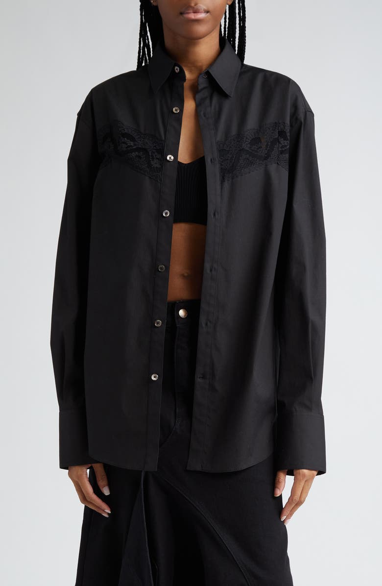 MONSE Lace Inset Cotton Blend Button-Up Shirt, Main, color, 