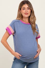 PinkBlush Ribbed Colorblock Detail Short Sleeve Top