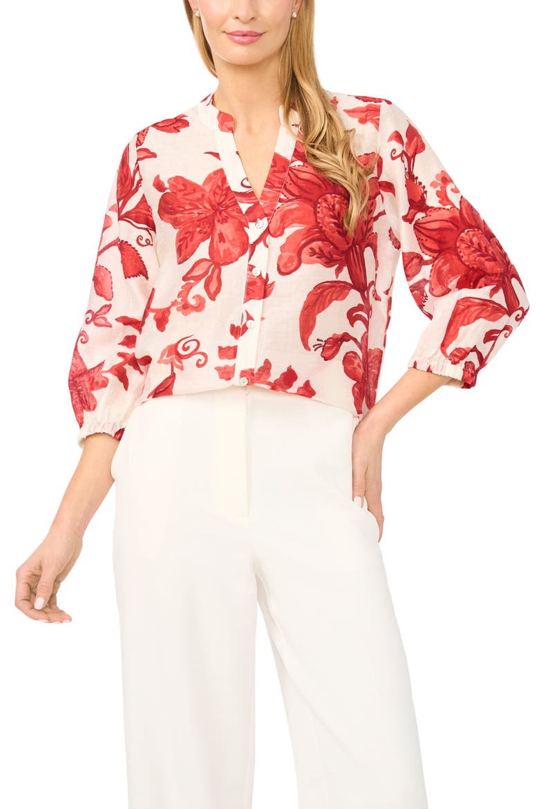Floral Three Quarter Sleeve Button-Up Shirt, Main, color, LAVA RED