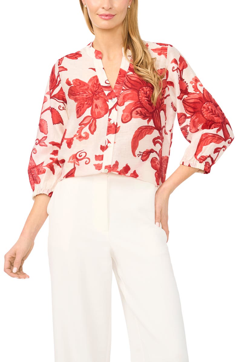 Halogen<sup>®</sup> Floral Three Quarter Sleeve Button-Up Shirt, Main, color, Lava Red