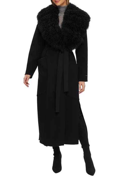 Double Face  Wool And Cashmere Coat with Detachable Genuine Shearling Collar with Belt