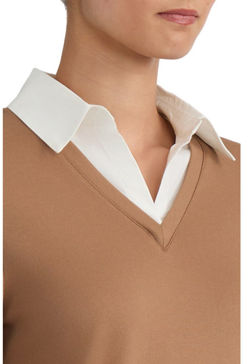 Poplin-Trimmed V-Neck Top, Alternate, color, CARAMEL/ NATURAL WHITE