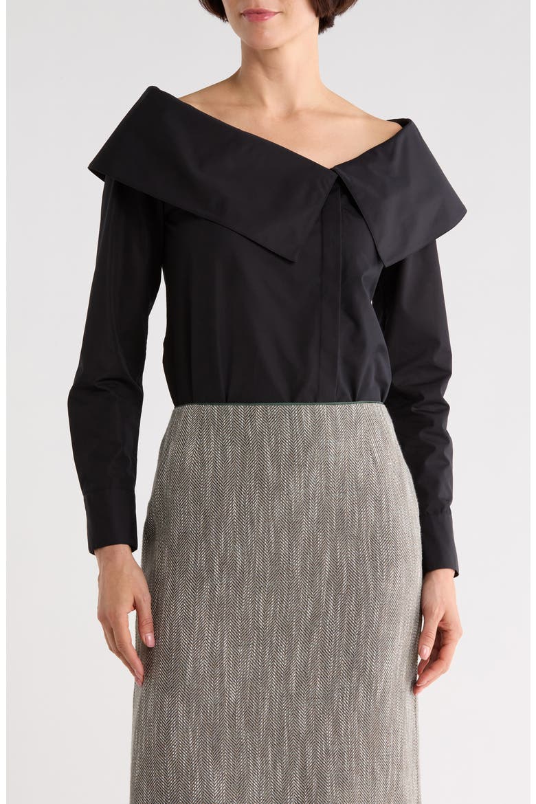 Portrait Collar Long Sleeve Button-Up Shirt, Main, color, BLACK