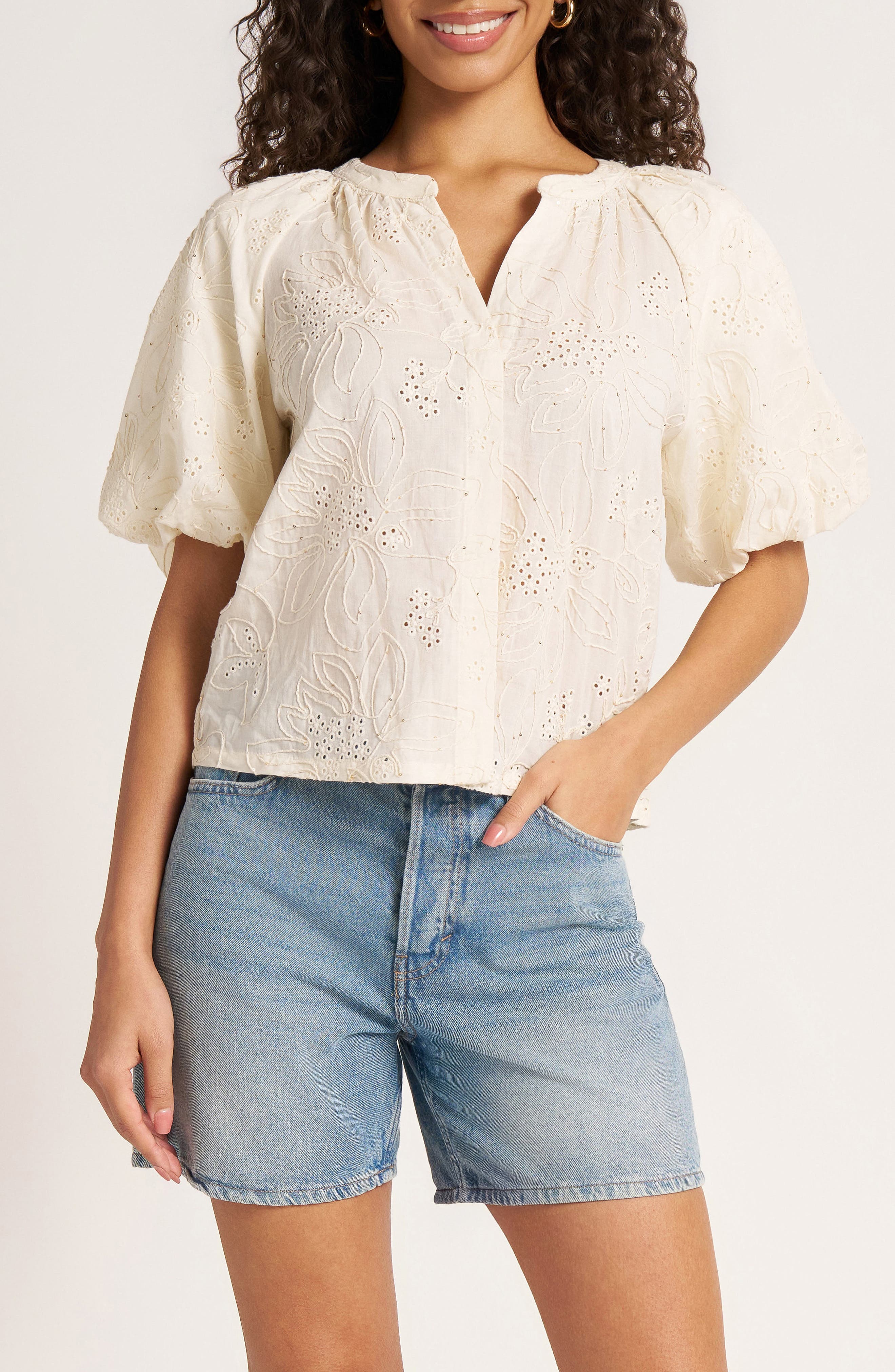 Viola Eyelet Bubble Sleeve Top