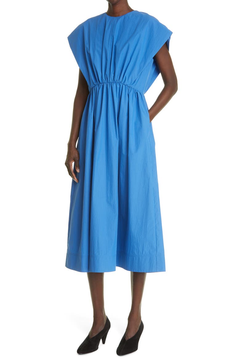 Gathered A-Line Poplin Midi Dress, Alternate, color, CORNFLOWER