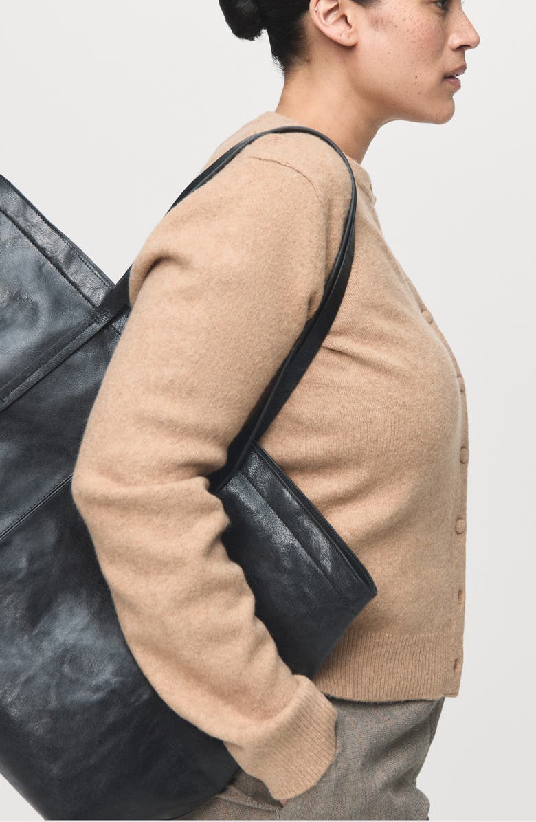 MANGO Covered Button Crewneck Cardigan, Alternate, color, Medium Brown