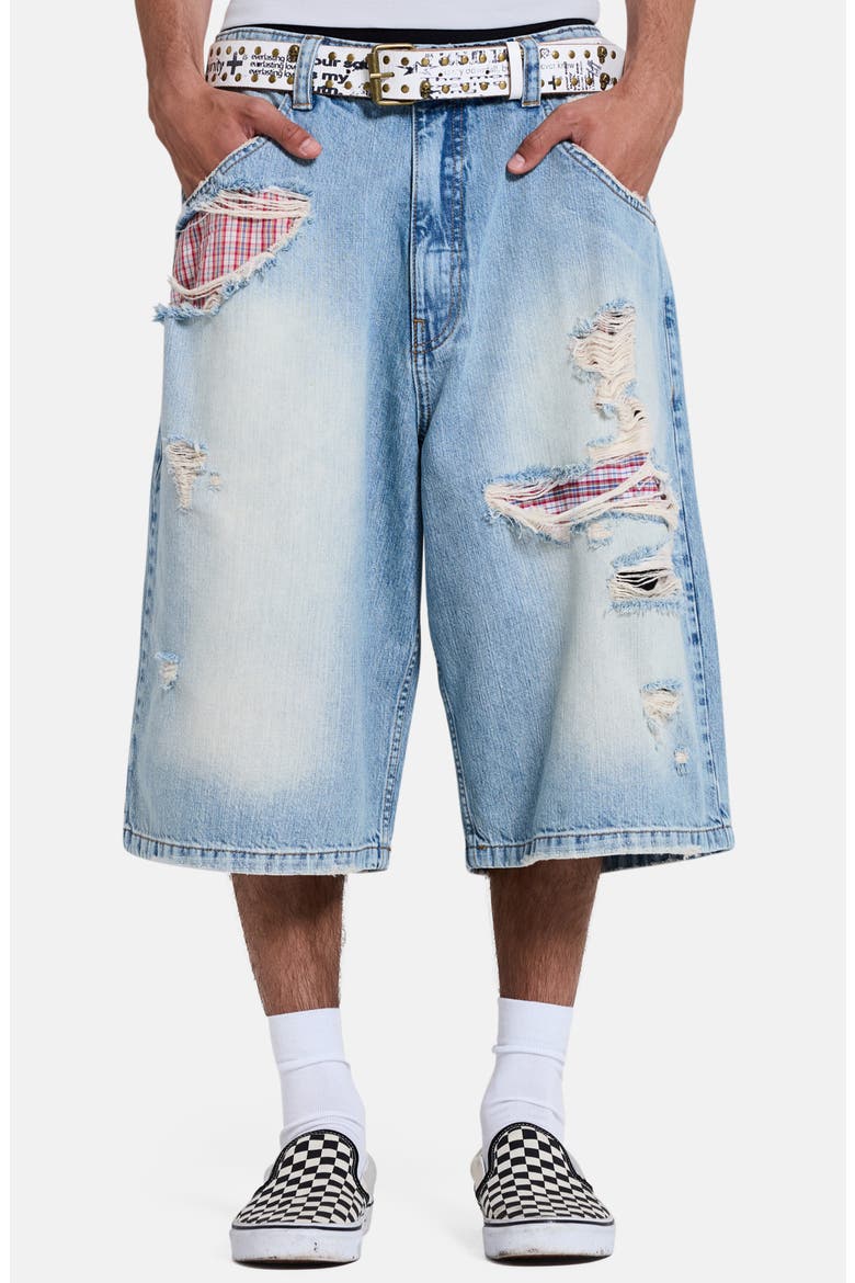 Ripped Boxer Detail Colussus Denim Shorts, Main, color, DENIM