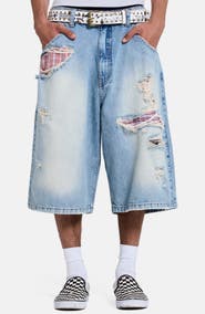 JADED LONDON Ripped Boxer Detail Colussus Denim Shorts
