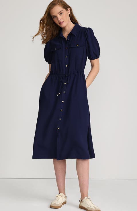Twill Button Front Fluid Short Sleeve Dress