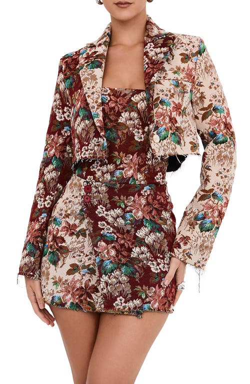 Mistress Rocks Floral Jacquard Crop Blazer In Burgundy Multicolor