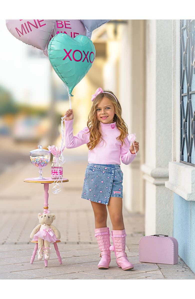 Mia Belle Girls Sweethearts  Top and Denim Heart Skort Set, Alternate, color, 