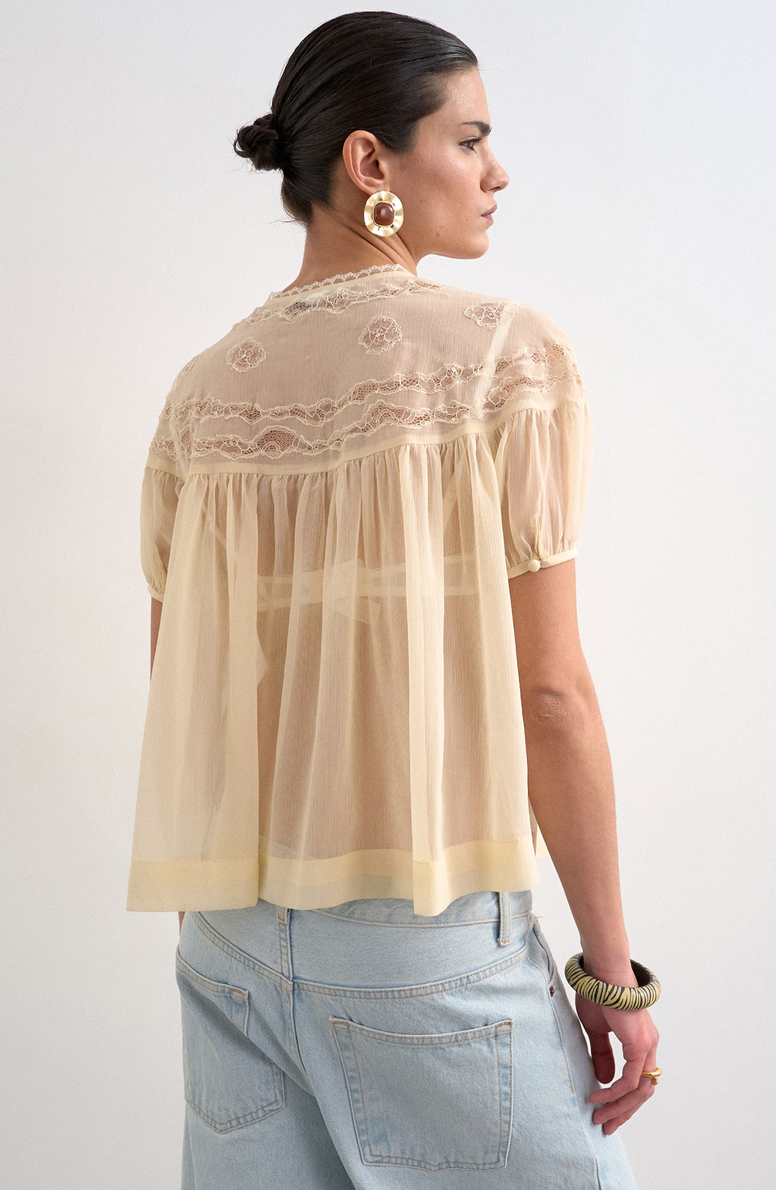 Sheer Tie Neck Lace Trim Top - image 2