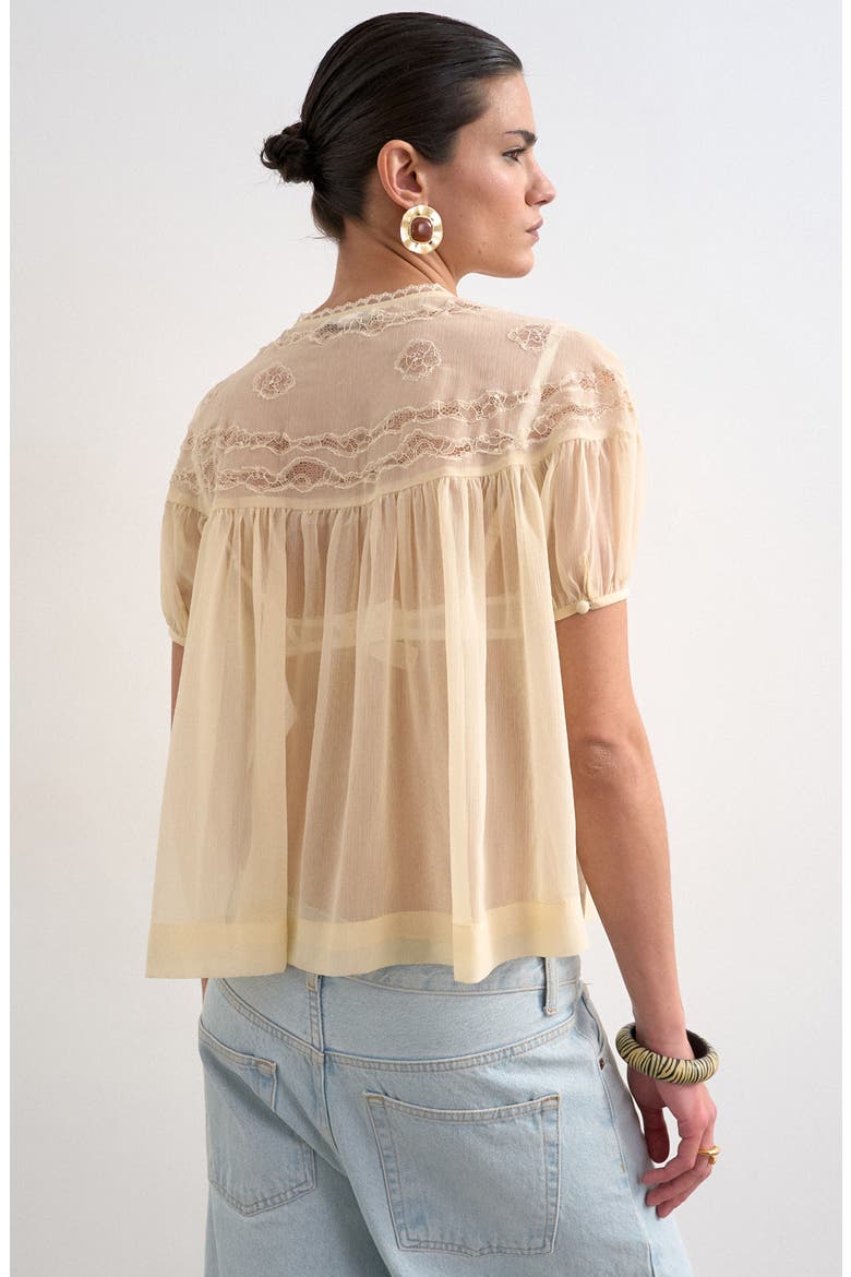 Sheer Tie Neck Lace Trim Top, Alternate, color, IVORY