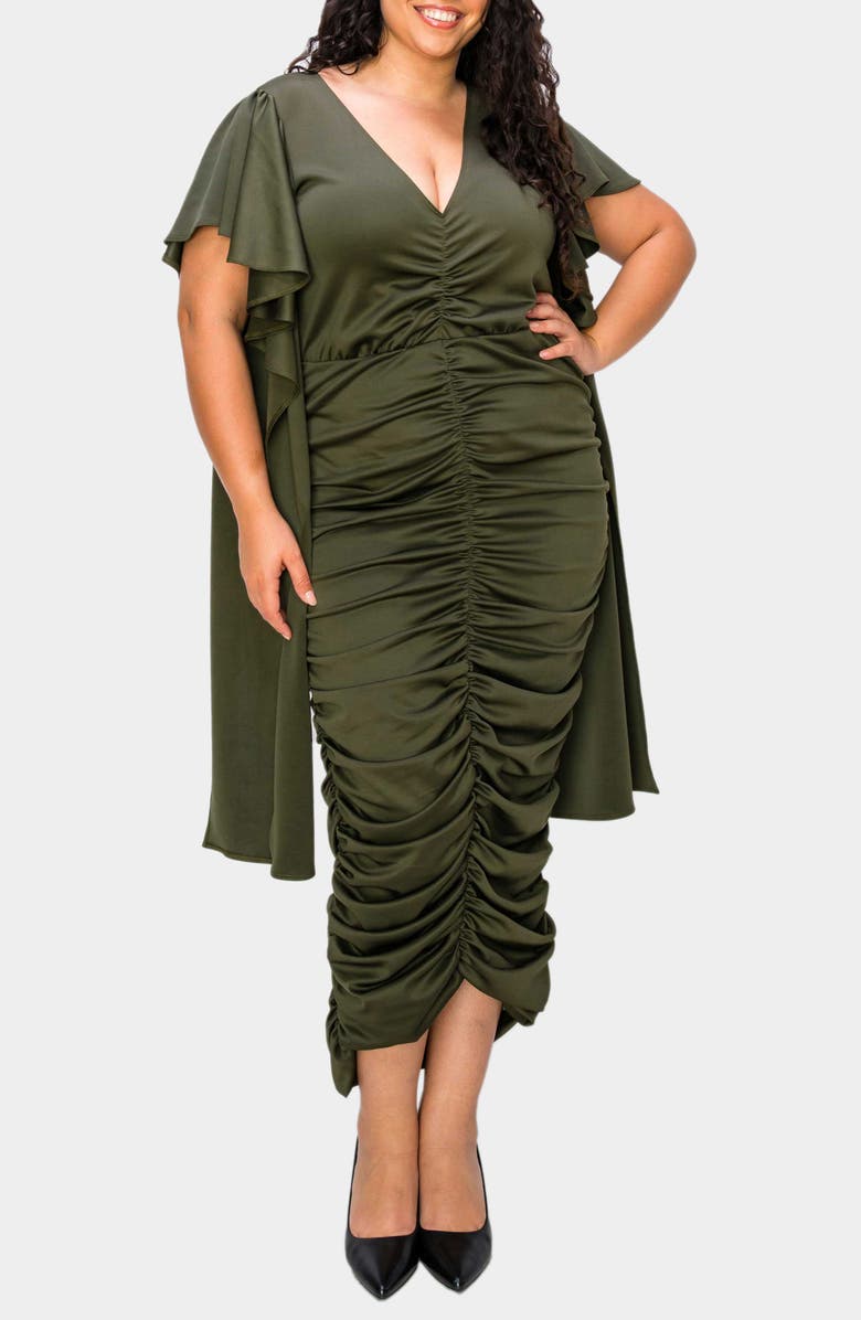 L I V D Nadia Ruched V-Neck Midi Dress, Main, color, Army