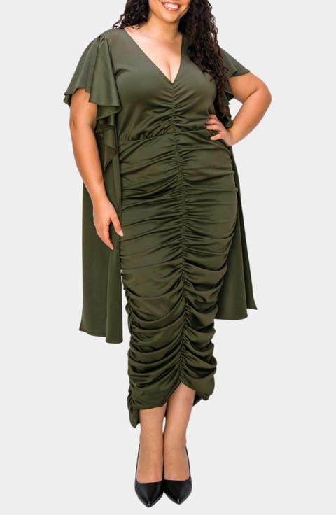Nadia Ruched V-Neck Midi Dress (Plus)