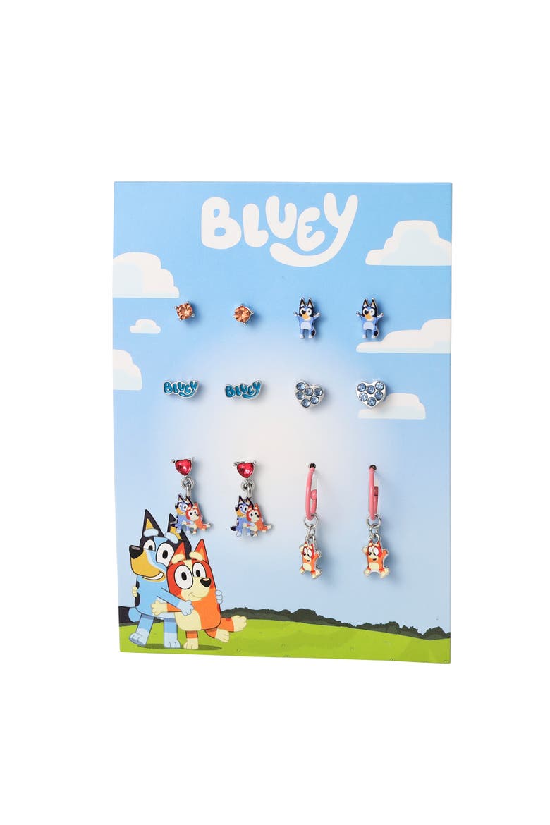 Earrings Set 6 Pairs Official License, Fashion Studs, Hoops, and Bluey and Bingo Dangle Charm Earrings with Crystals, Alternate, color, Multicolored