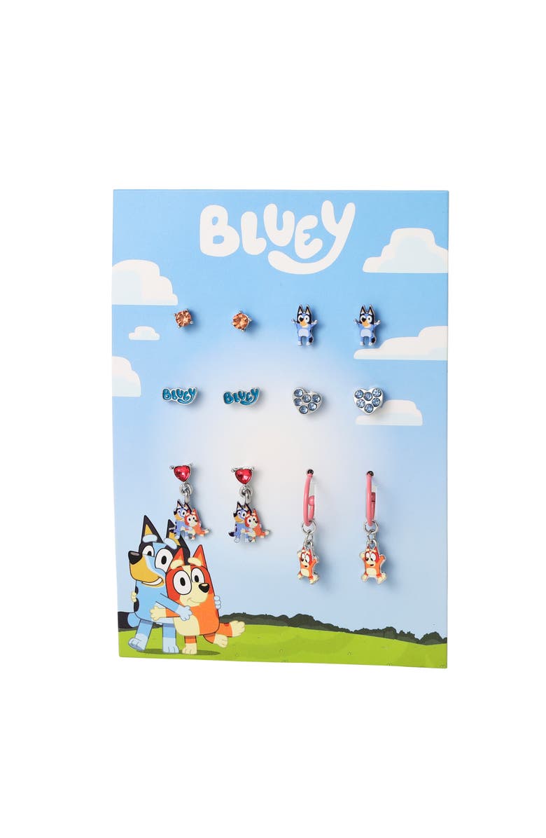 BLUEY Earrings Set 6 Pairs Official License, Fashion Studs, Hoops, and Bluey and Bingo Dangle Charm Earrings with Crystals, Alternate, color, Multicolored