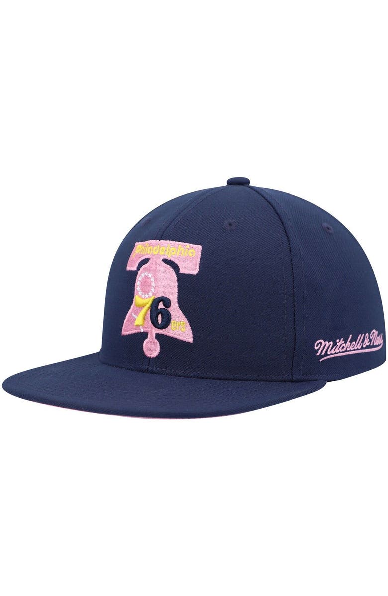 Mitchell & Ness Men's Mitchell & Ness Navy Philadelphia 76ers 60th Anniversary Burnt Sunrise Fitted Hat, Alternate, color, 