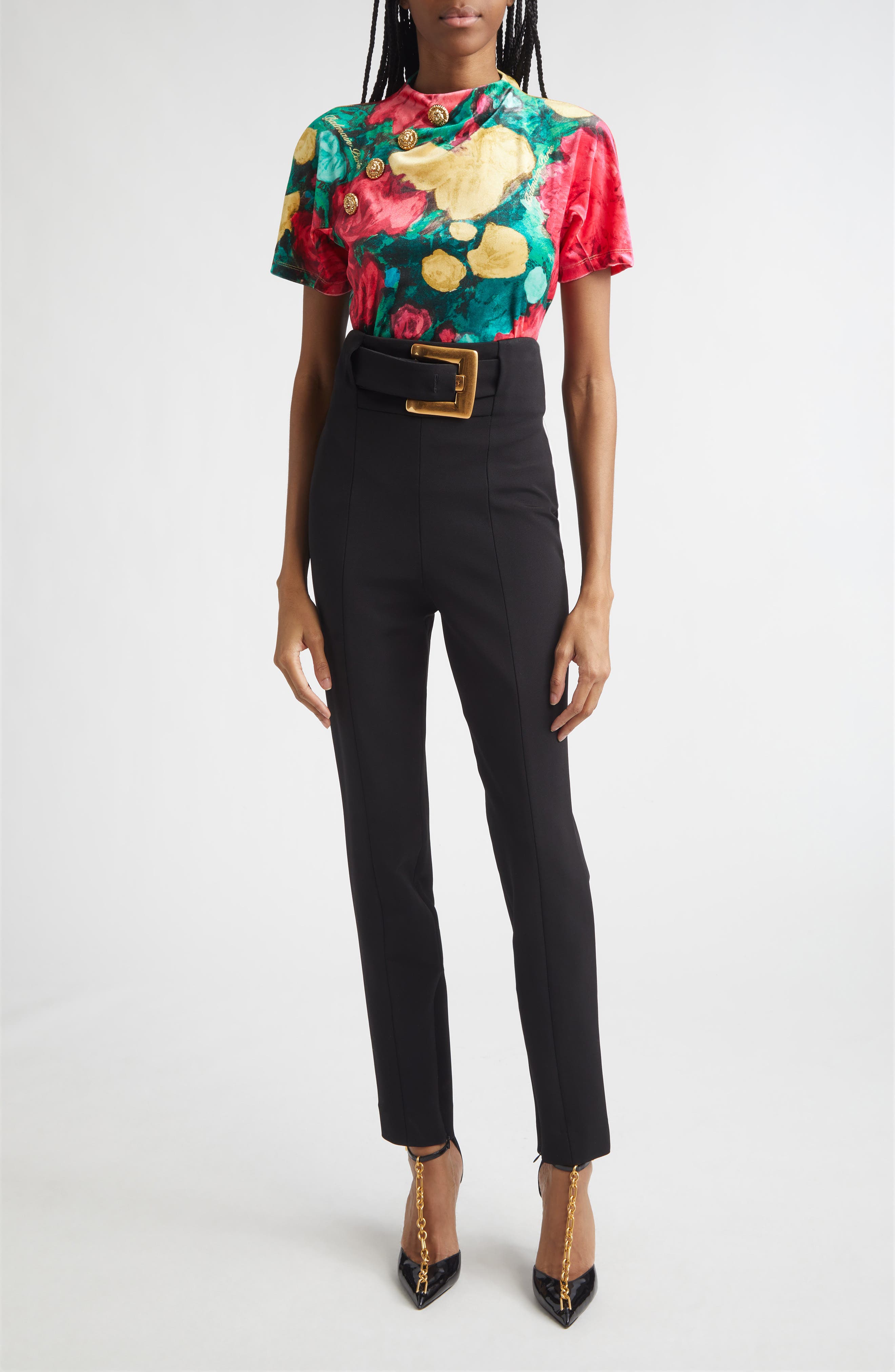 4-Button Roses Print Stretch Velvet Top - image 2