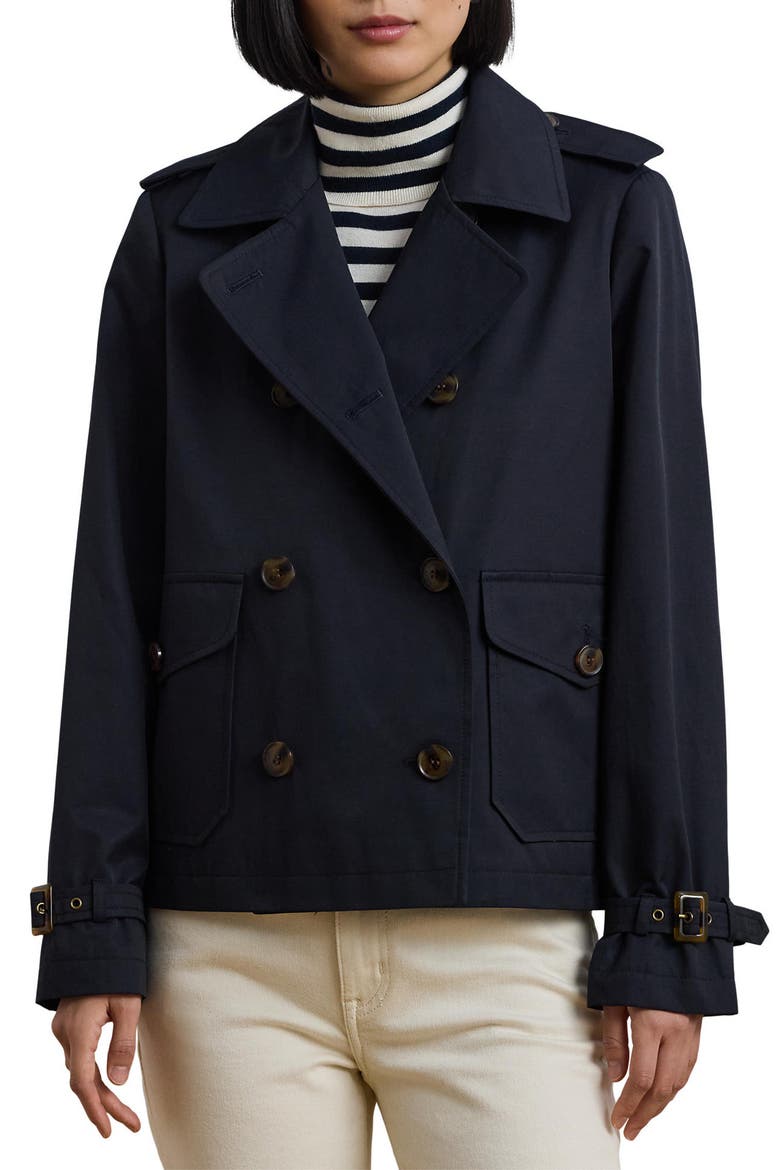 Crop Cotton Blend Trench Coat, Main, color, DARK NAVY