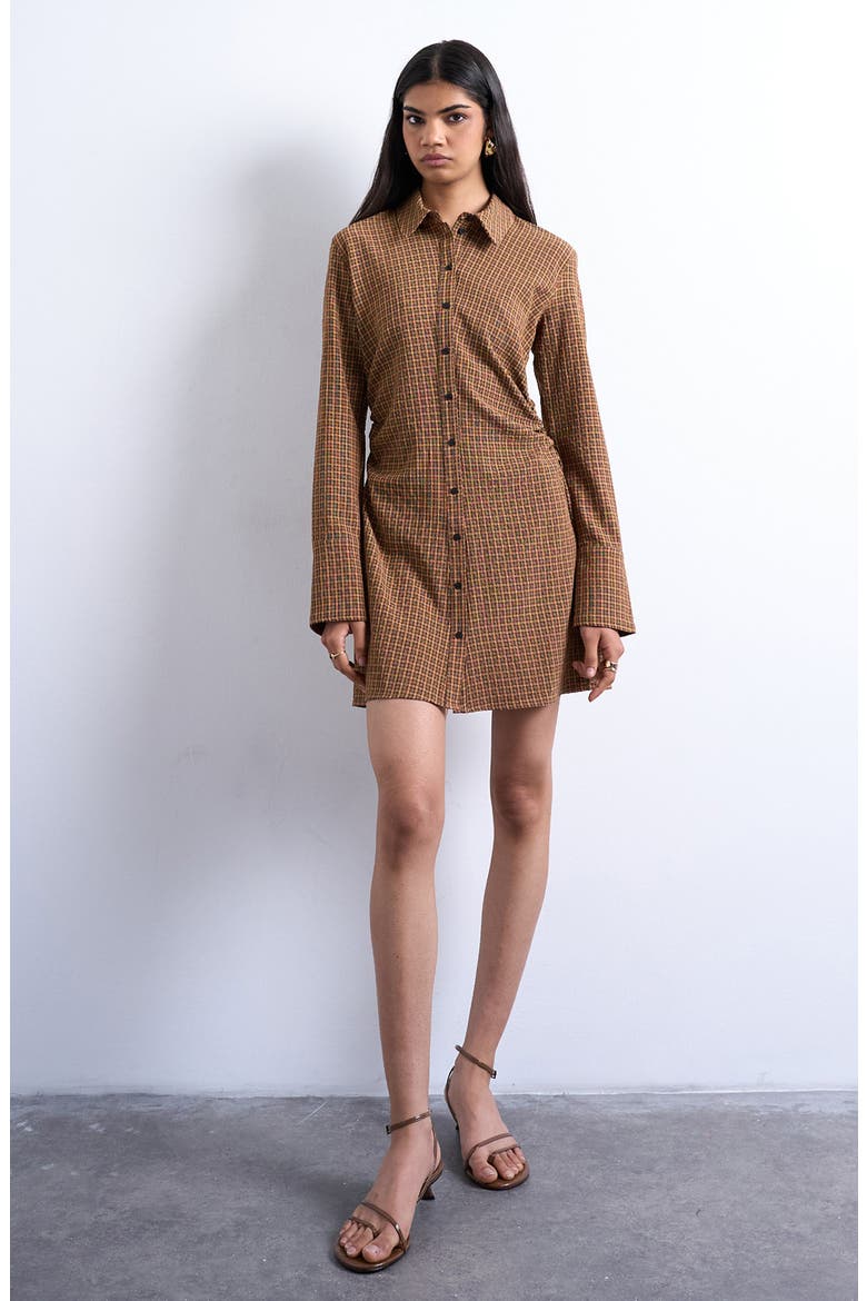 Long Sleeve Ruched Shirtdress, Main, color, BROWN