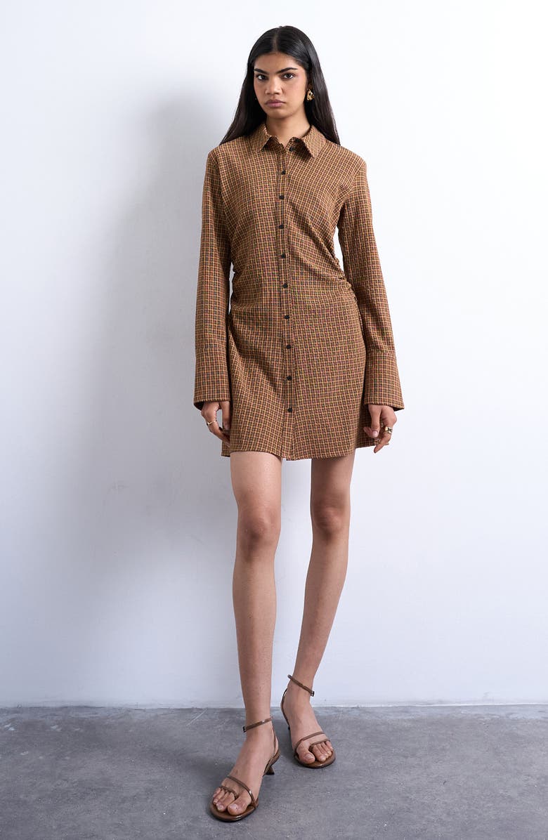 Topshop Long Sleeve Ruched Shirtdress, Main, color, Brown