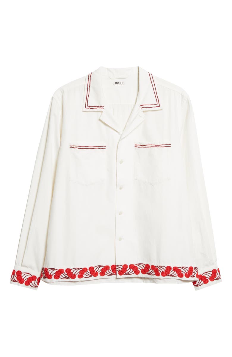 Bode Cherry Lane Beaded Cotton Poplin Button-Up Shirt, Main, color, White
