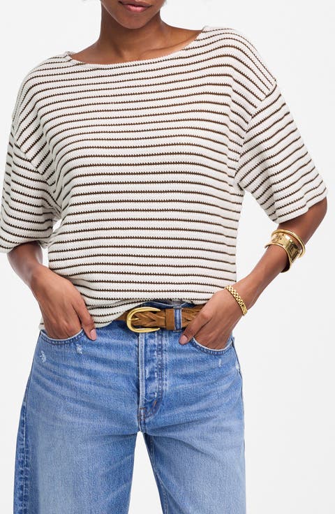 Stripe Embroidered Boxy Knit T-Shirt
