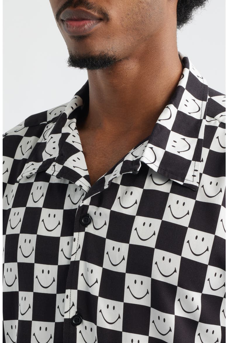 SMILEY® Checkerboard Print Camp Shirt, Alternate, color, BLACK/ WHITE