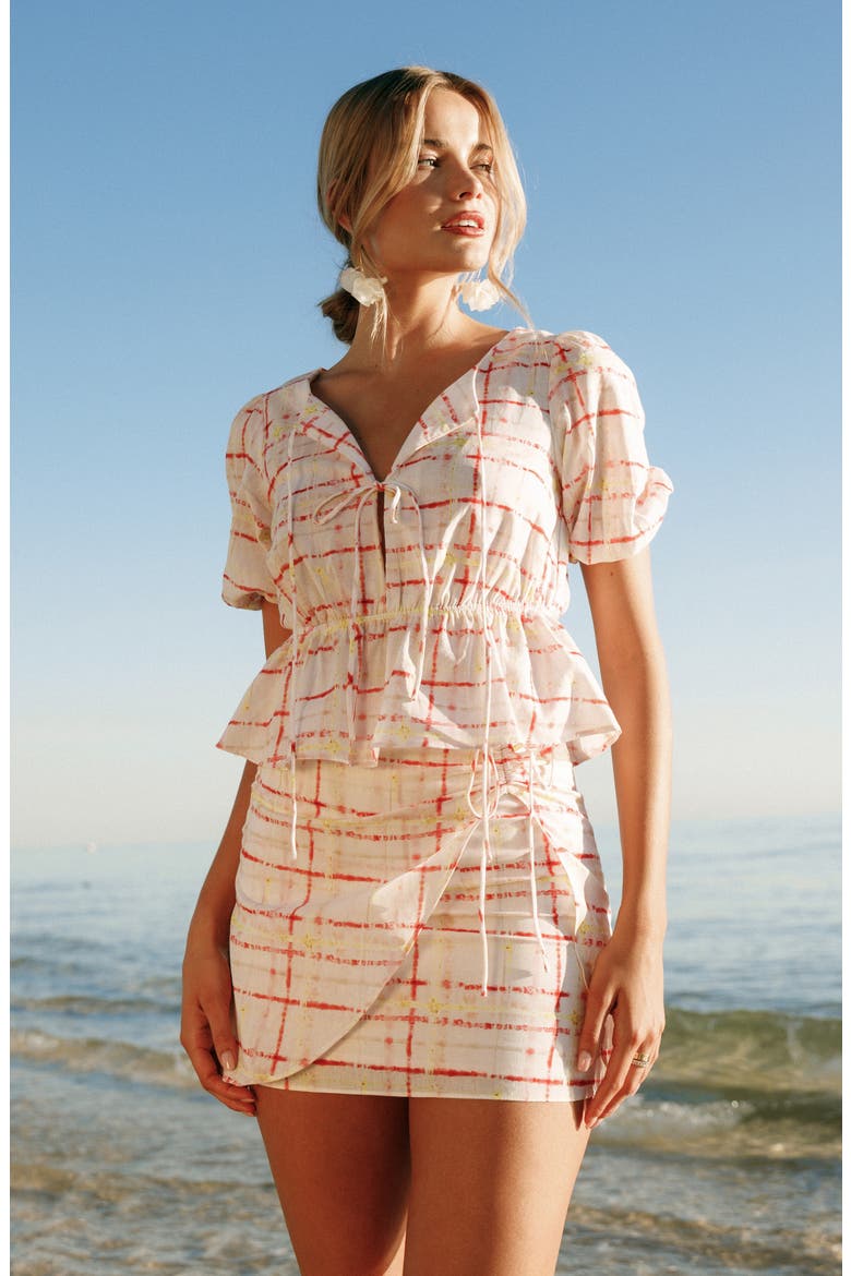 Mirah Drawstring Ruched Cotton & Linen Miniskirt, Alternate, color, SUNSET CHECK