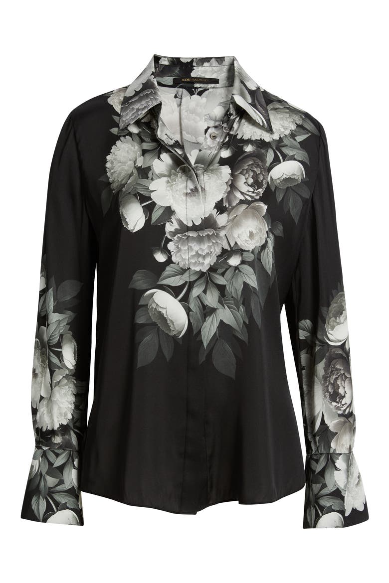 Kit Placed Floral Stretch Silk Georgette Button-Up Shirt, Alternate, color, BLACK MULTI