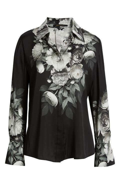 Kit Placed Floral Stretch Silk Georgette Button-Up Shirt