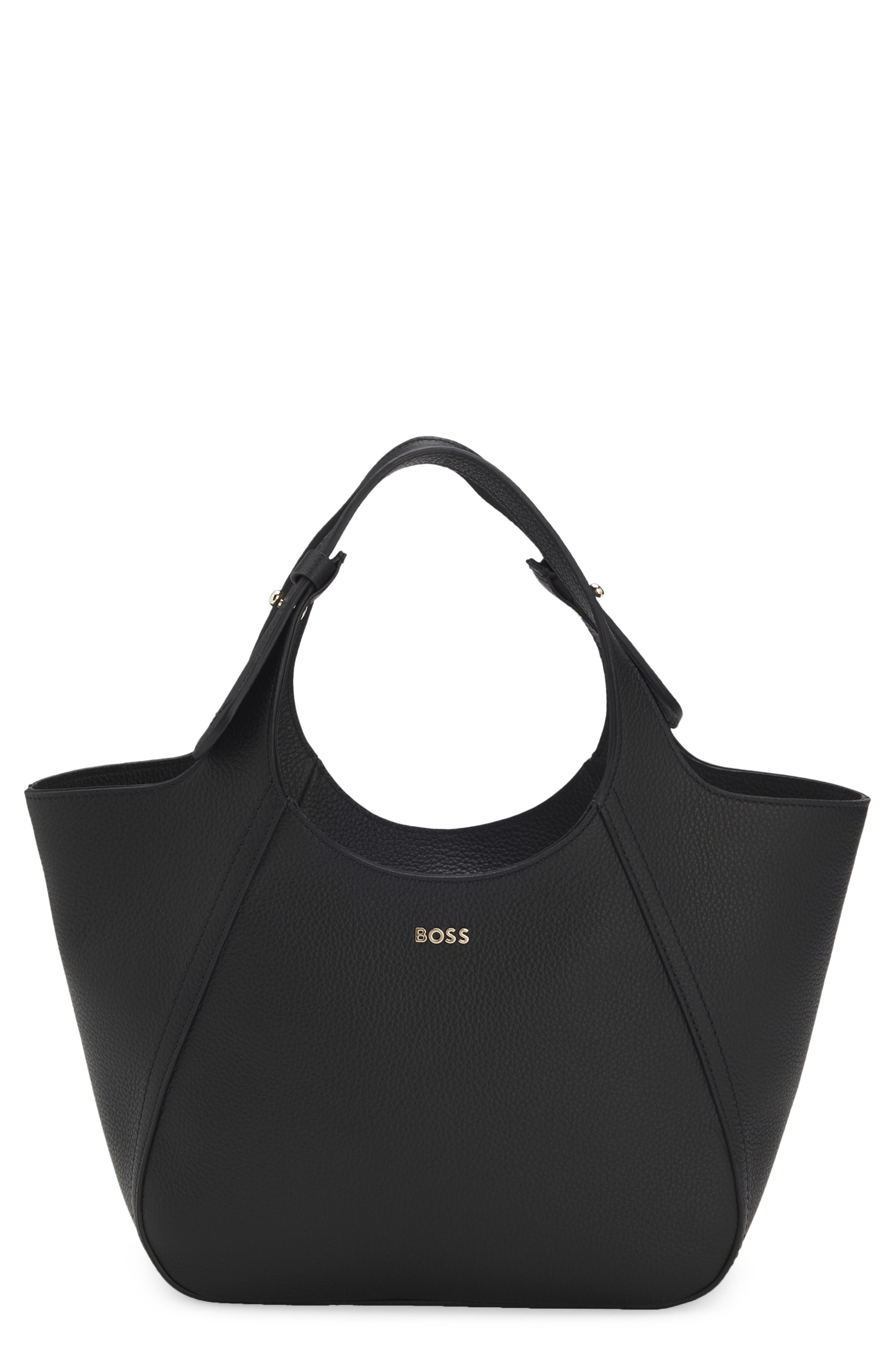 HUGO Small Lenah Leather Tote, Main, color, Black