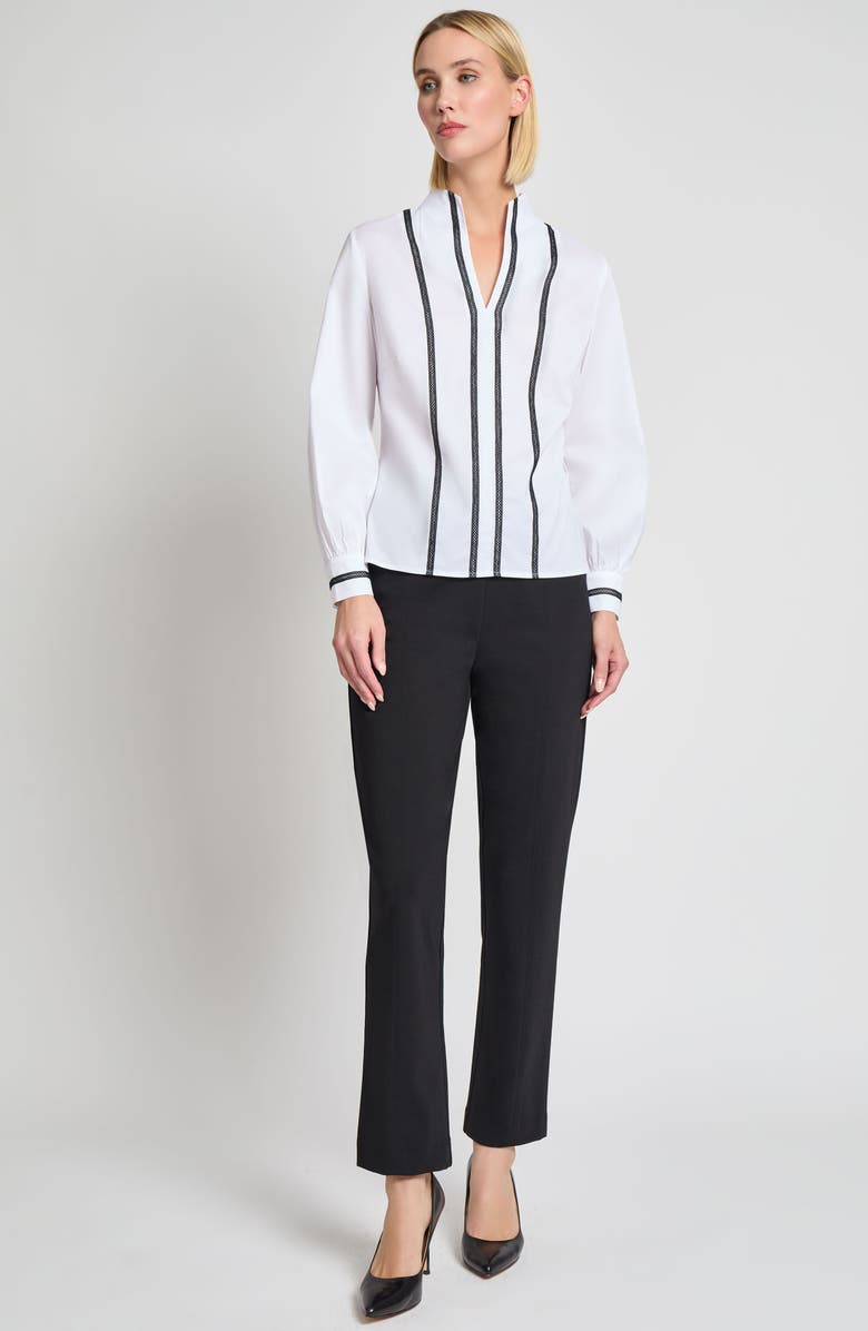 Misook Heritage Fit Ribbon Trim Cotton Blend Top, Alternate, color, Black/ White