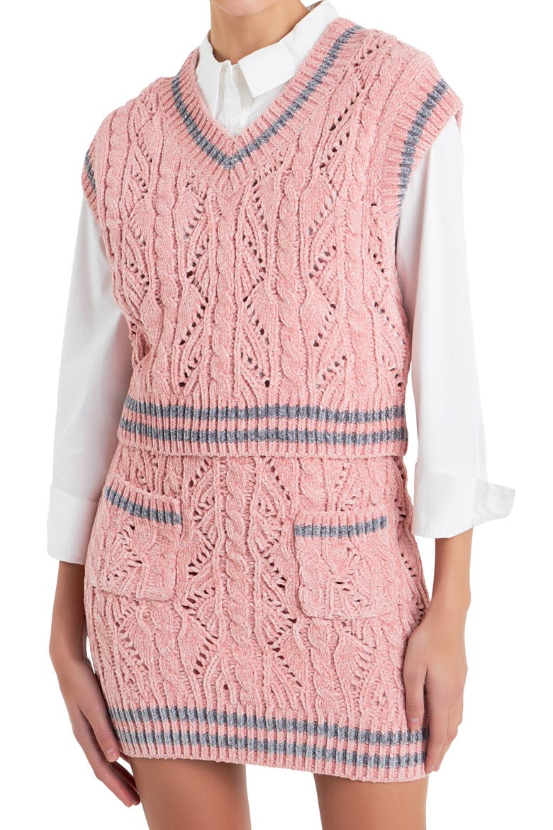 Stripe Trim Chenille Sweater Vest, Alternate, color, PINK/ GREY
