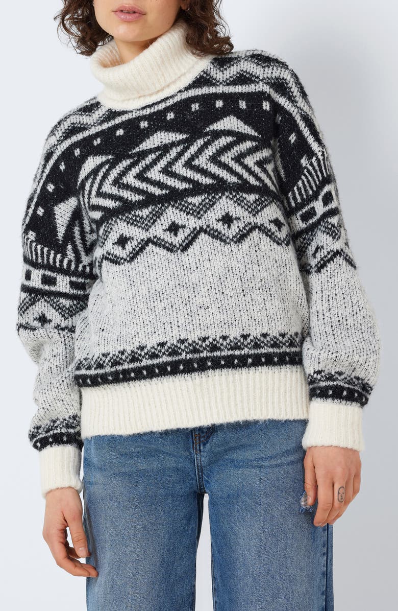 Noisy may Share Fair Isle Turtleneck Sweater, Main, color, Eggnogpatternblack