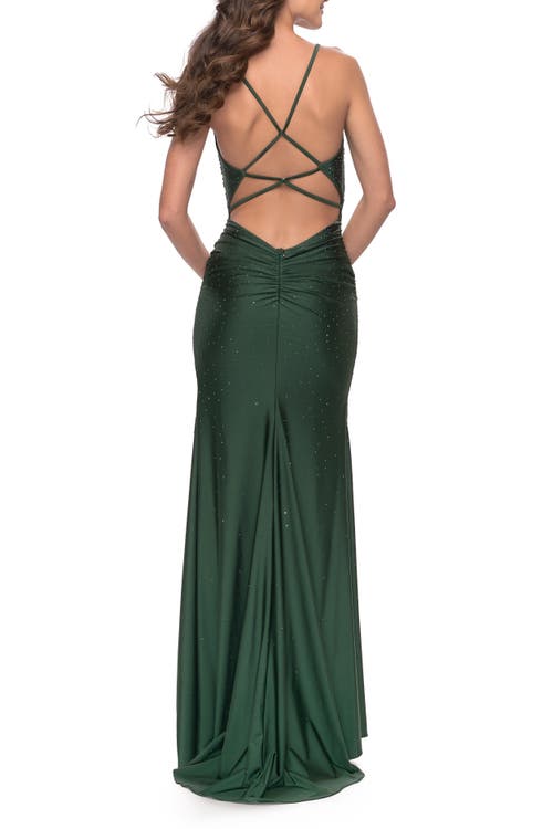 La Femme Rhinestone Jersey Dress With Slit And Ruching In Emerald