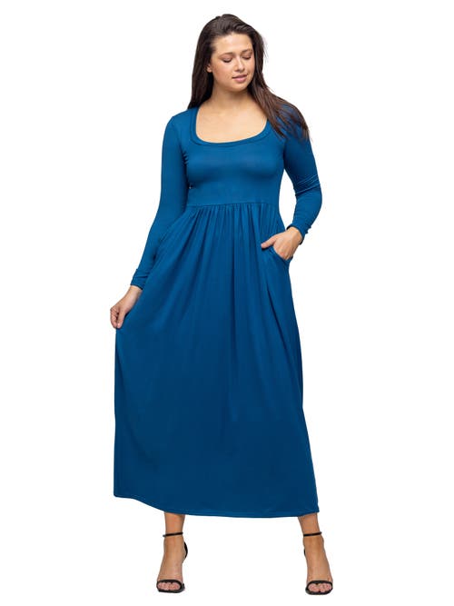 24seven Comfort Apparel Long Sleeve Empire Waist Pocket Maxi Dress In Blue