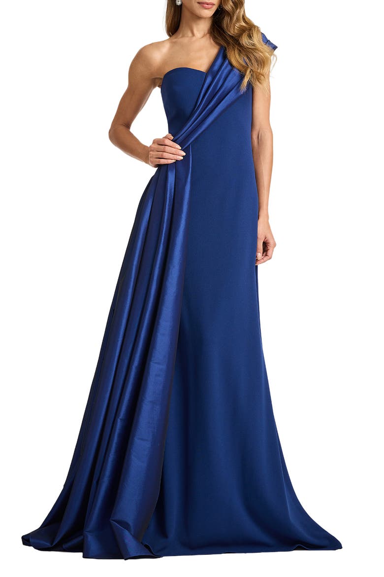 One-Shoulder Crepe & Taffeta Ballgown, Main, color, NAVY