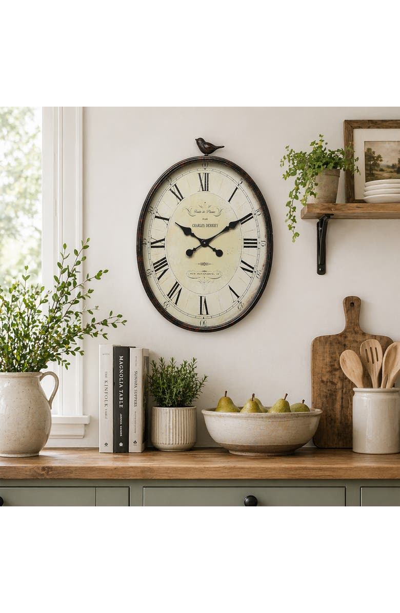 Storied Home Oval Metal Wall Clock with Bird, Antique Bronze, Alternate, color, 