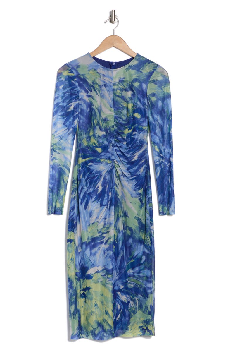 Vince Camuto Ruched Mesh Long Sleeve Dress, Alternate, color, Blue Multi