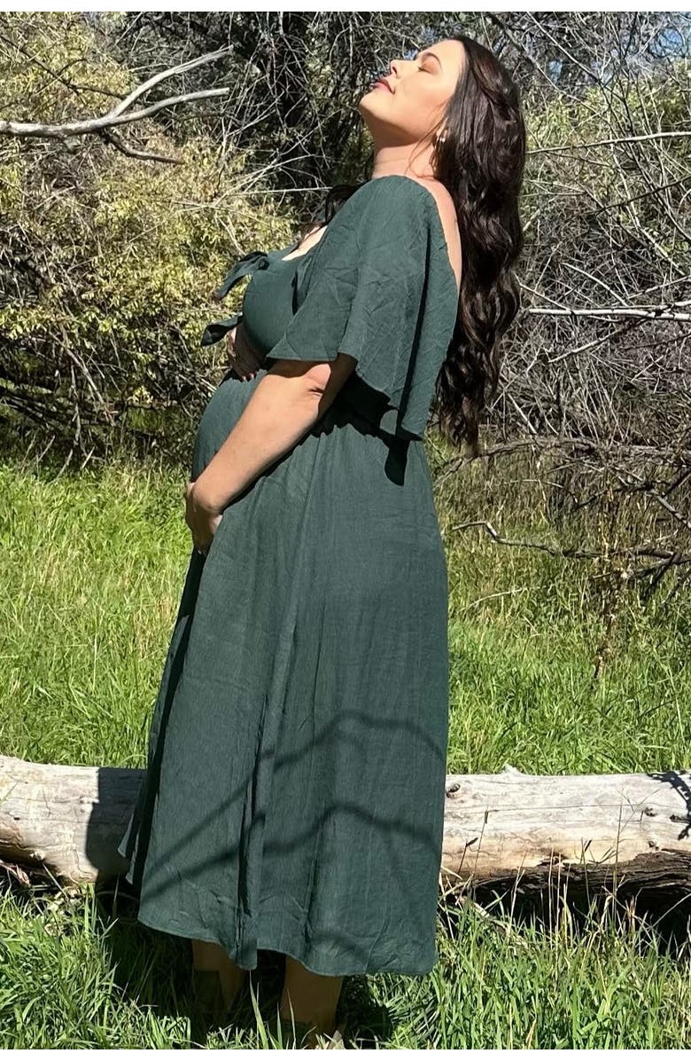 PinkBlush Front Tie Ruffle Sleeve Midi Dress, Alternate, color, Forest Green