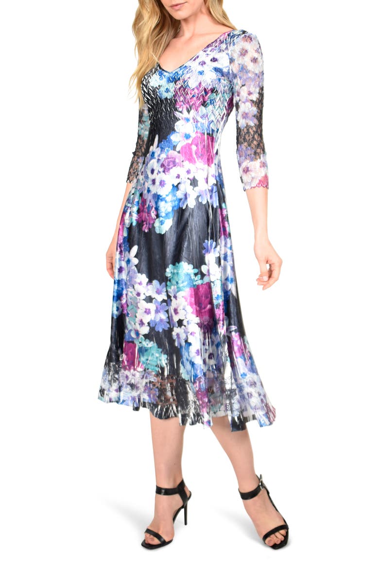 Floral Charmeuse & Chiffon Midi Dress, Main, color, LAVENDER VISE